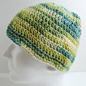 Green Stripe Beanie OS Spring Cap Warm Soft Hat Handmade Crochet Knit NWT